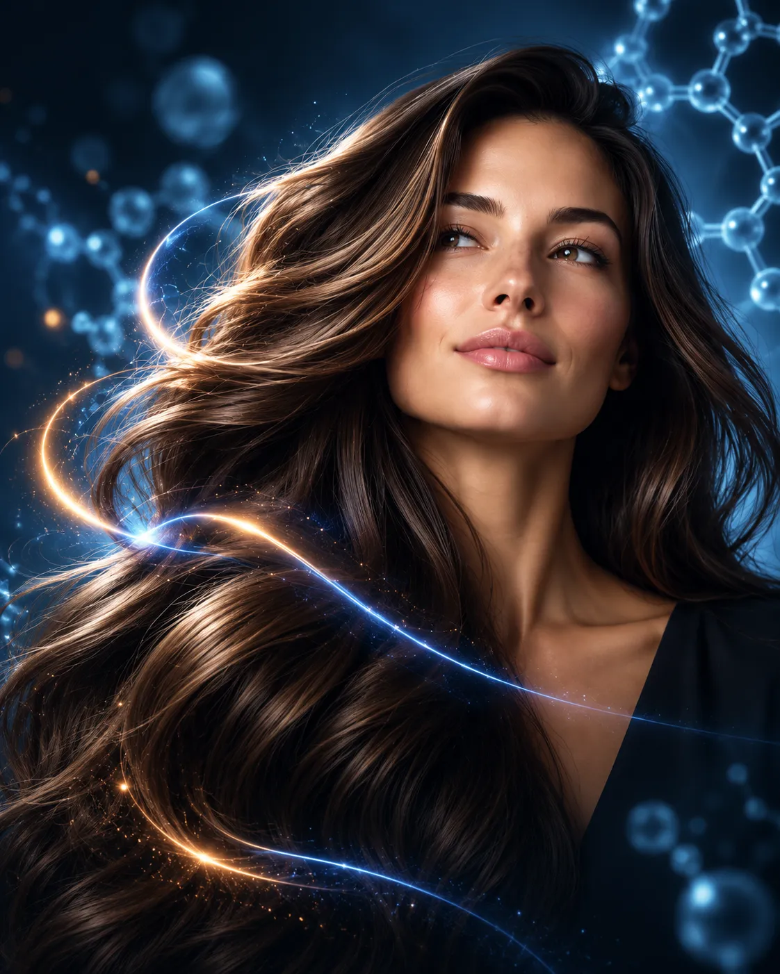 Long hair lit by strands of light, over a dark field of molecular structures
