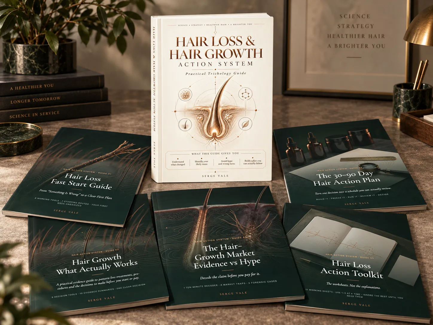 The Main Book and five guides laid out together on a desk