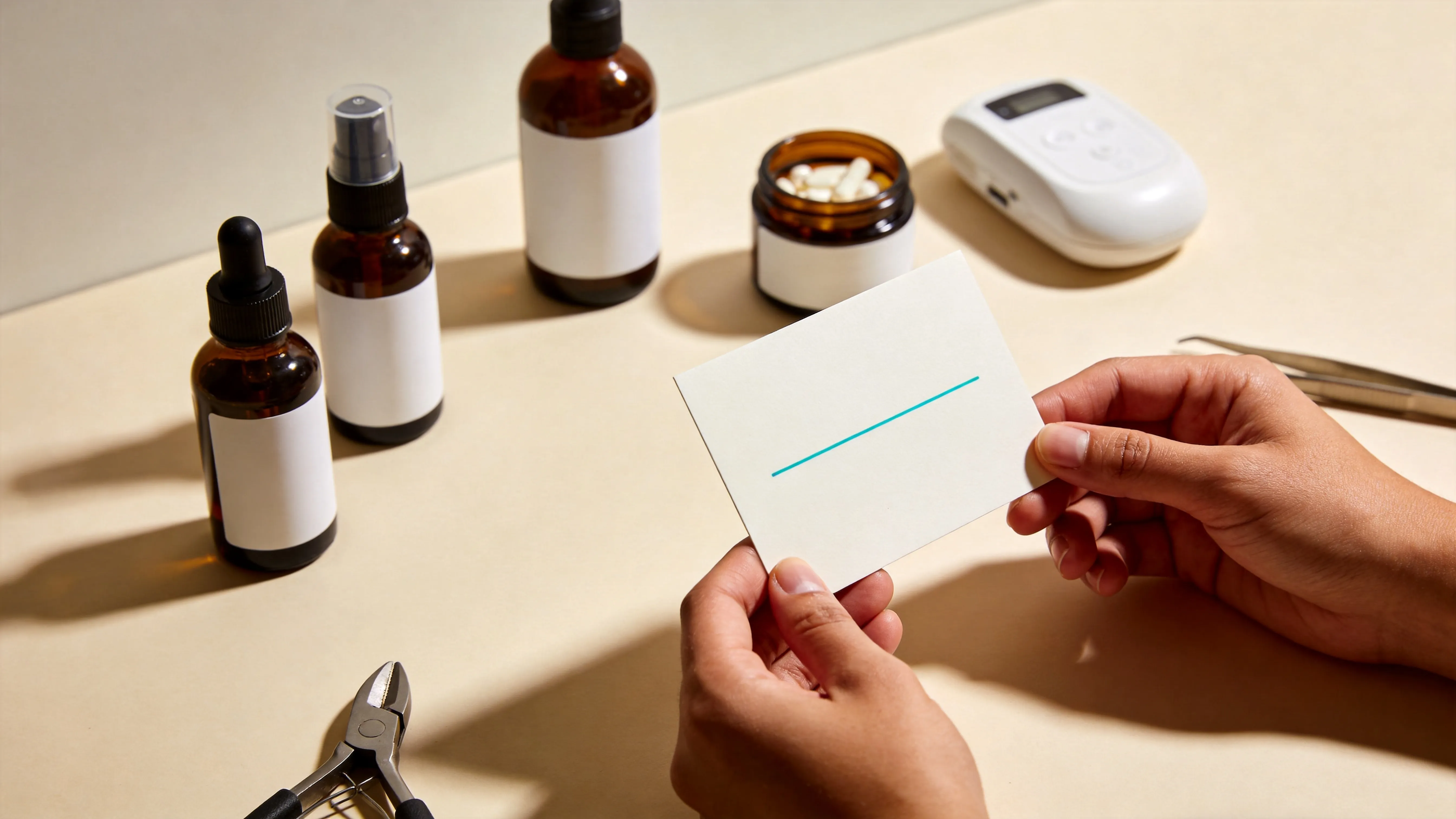 Several unbranded hair-loss products behind one plain evidence card