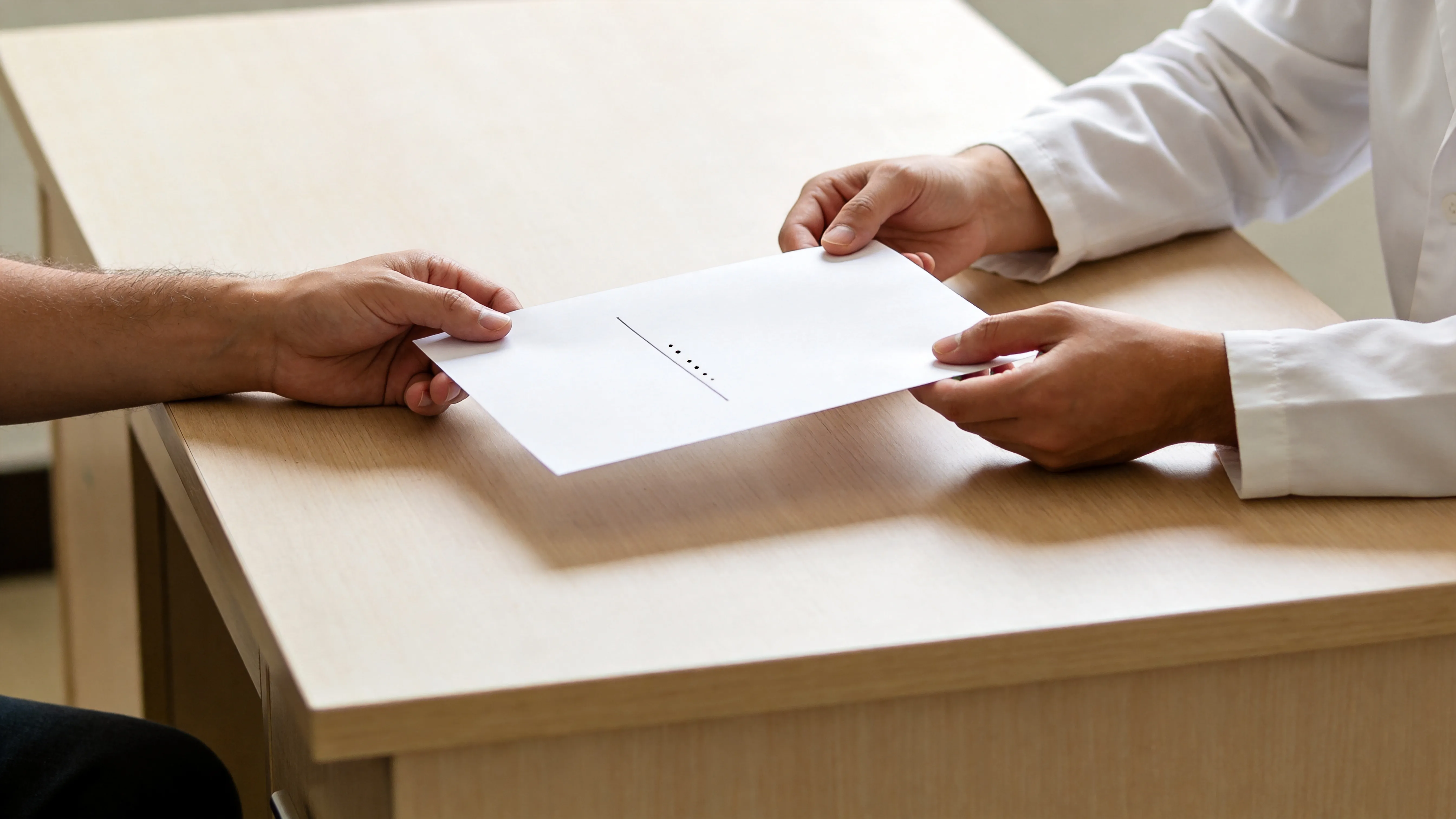 A patient handing a printed timeline and photo sheet to a clinician