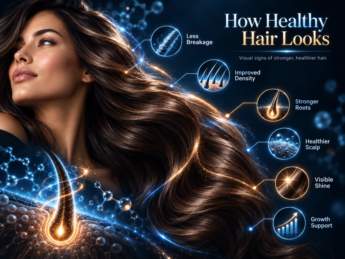Illustration of the visible signs of healthy hair: less breakage, density, roots, scalp, shine and growth