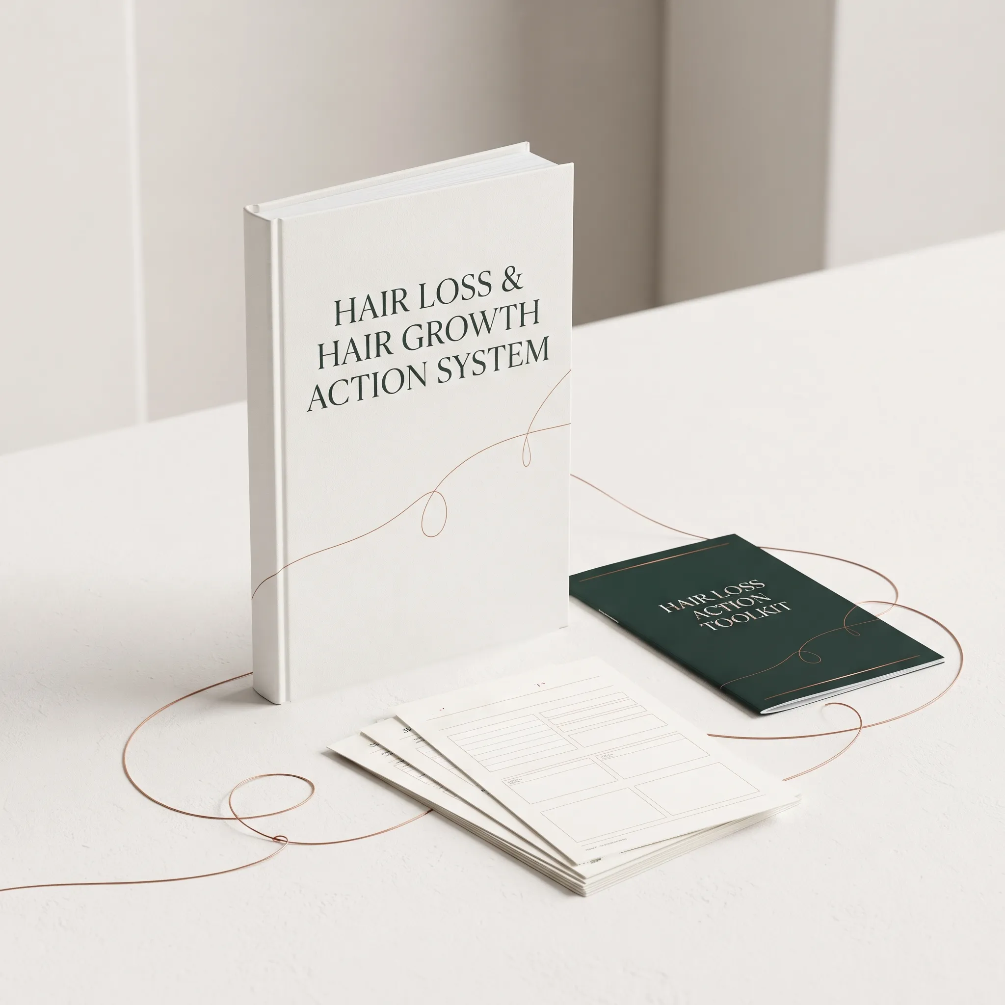 Main Book, Action Toolkit and worksheet pages of the Hair Loss & Hair Growth Action System