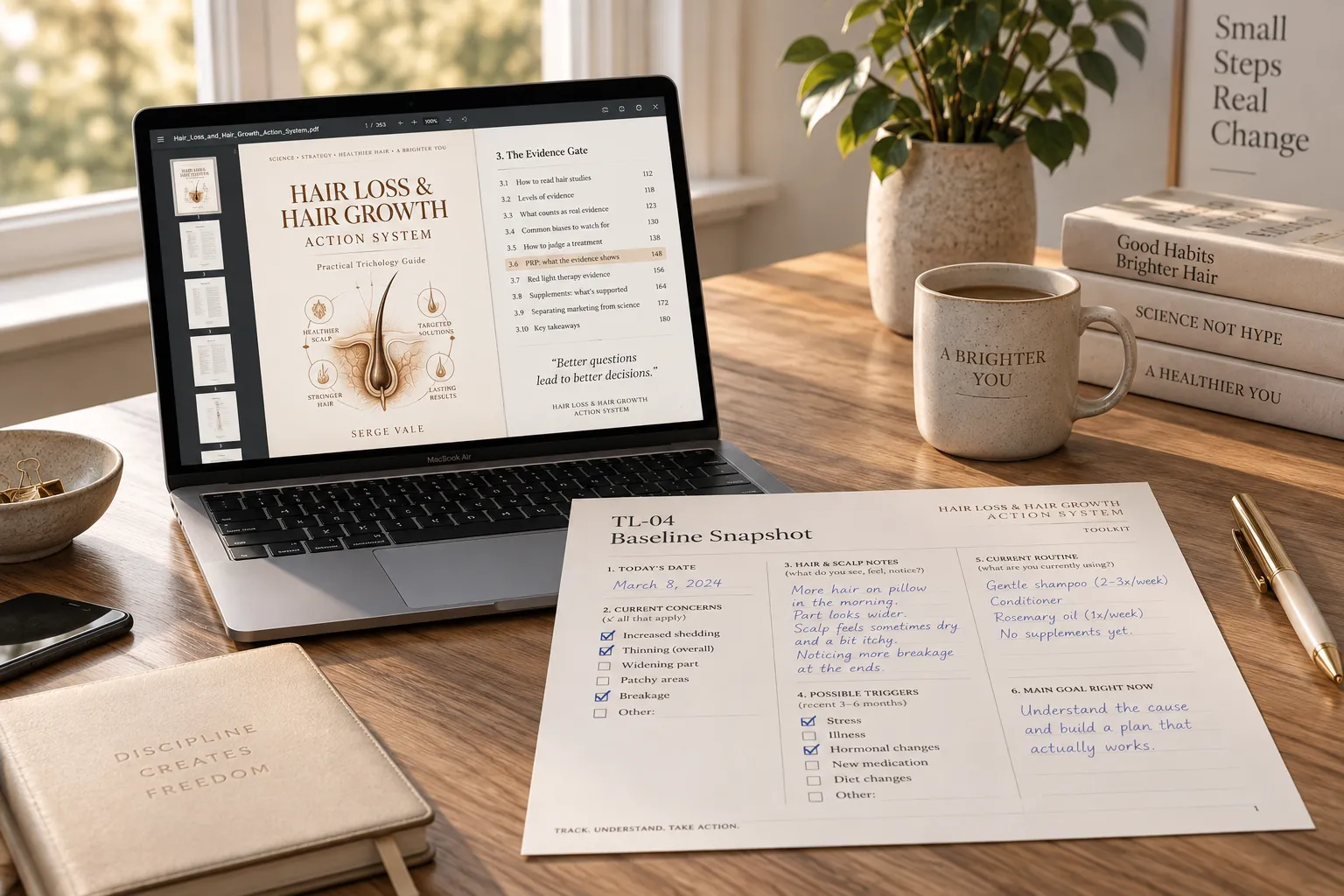 The book open on a laptop beside a printed toolkit sheet filled in by hand
