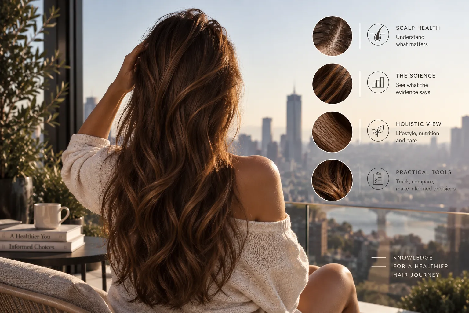 A woman with long hair on a balcony at sunrise, beside a stack of books, with four labelled details: scalp health, the science, a holistic view, and practical tools