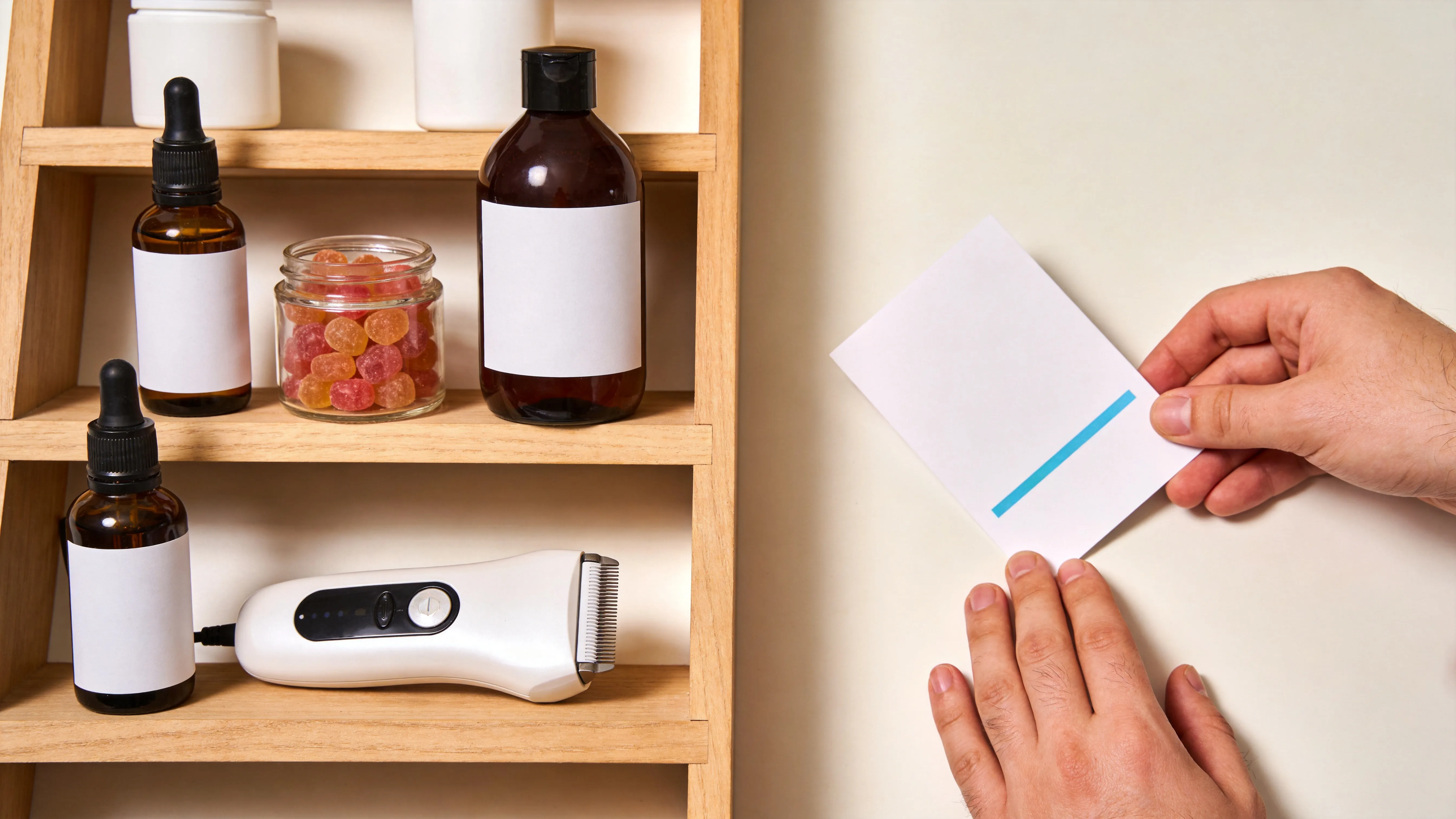 A shelf of unbranded hair-growth products next to one plain evidence card
