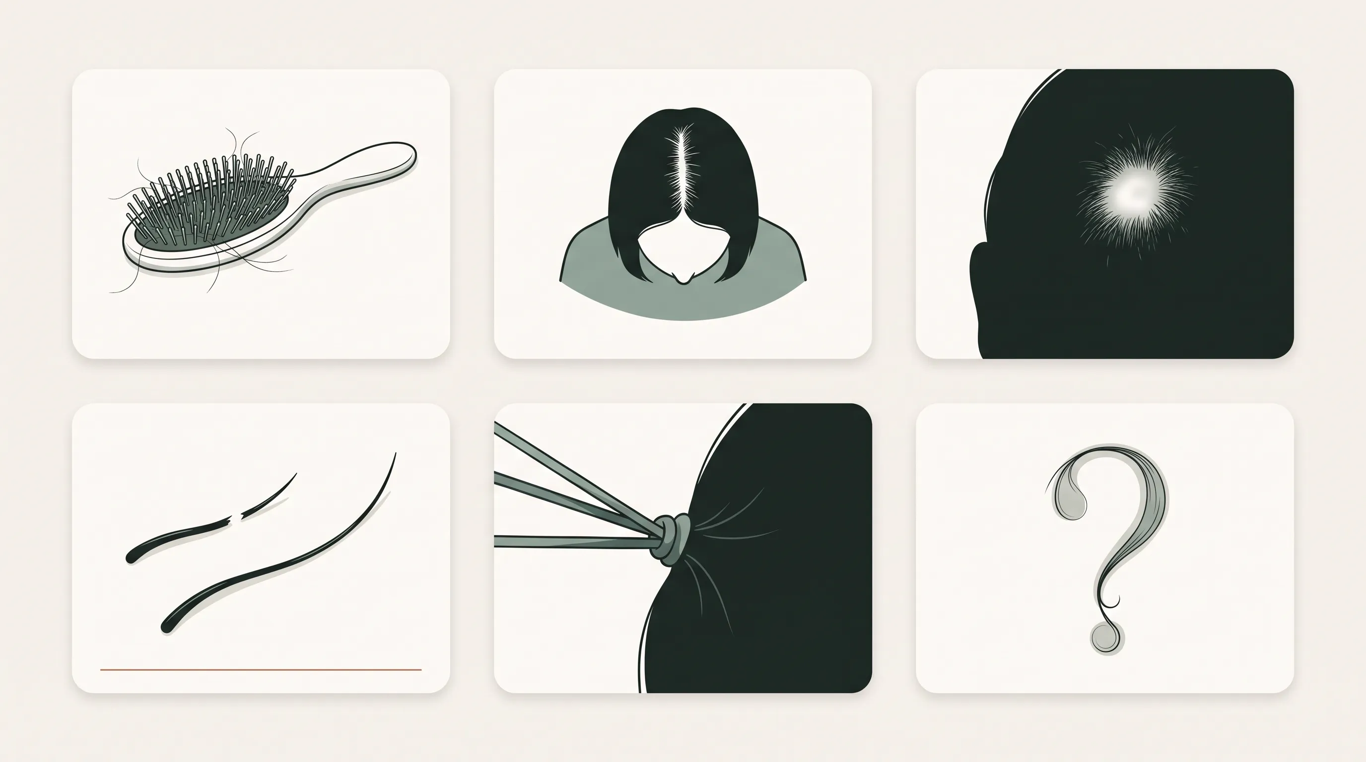 Six situation cues: shedding, a wider part, a patch, breakage, traction, unsure