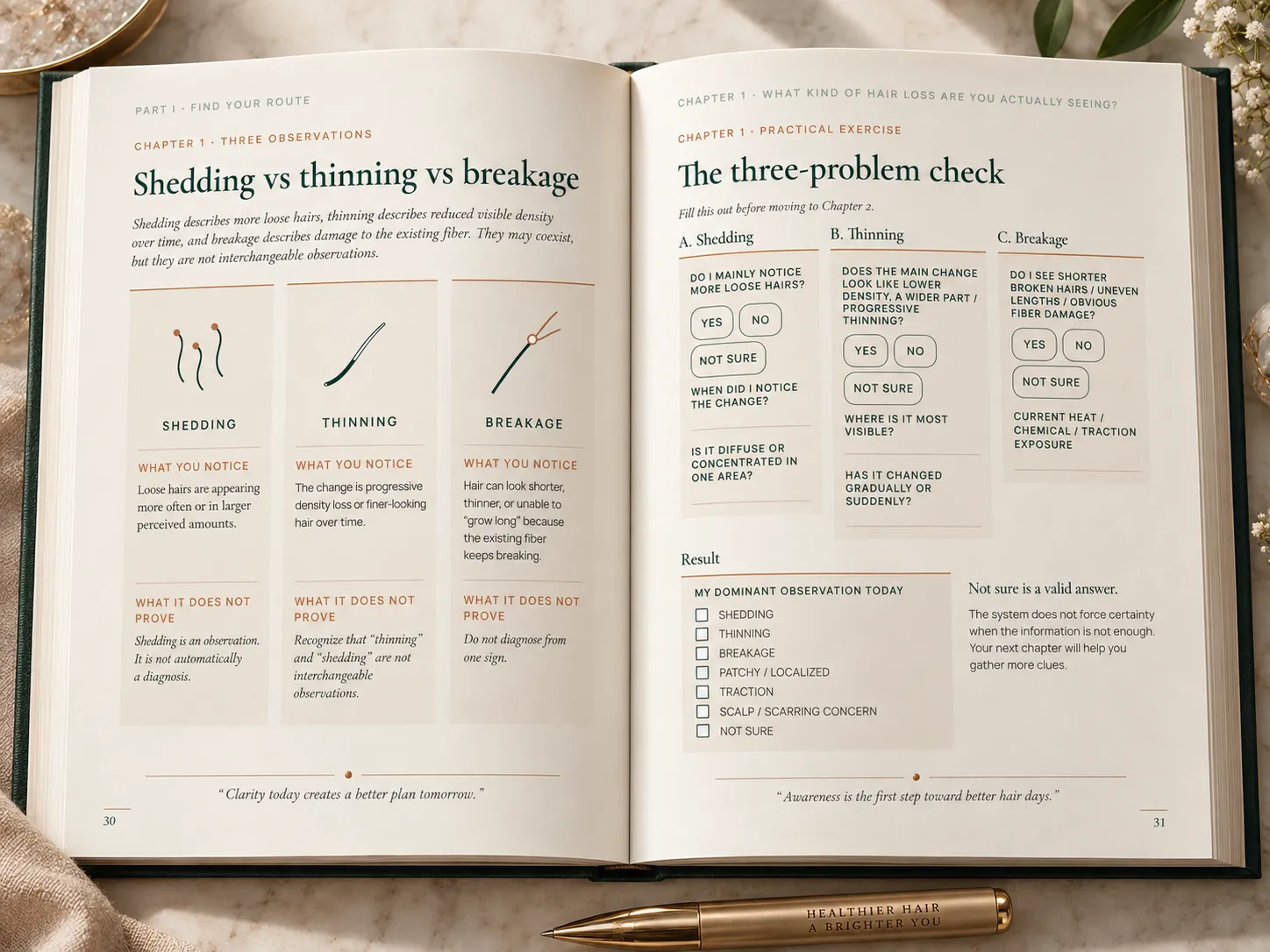 An open spread of the Main Book separating shedding, thinning and breakage, with a fill-in check on the facing page